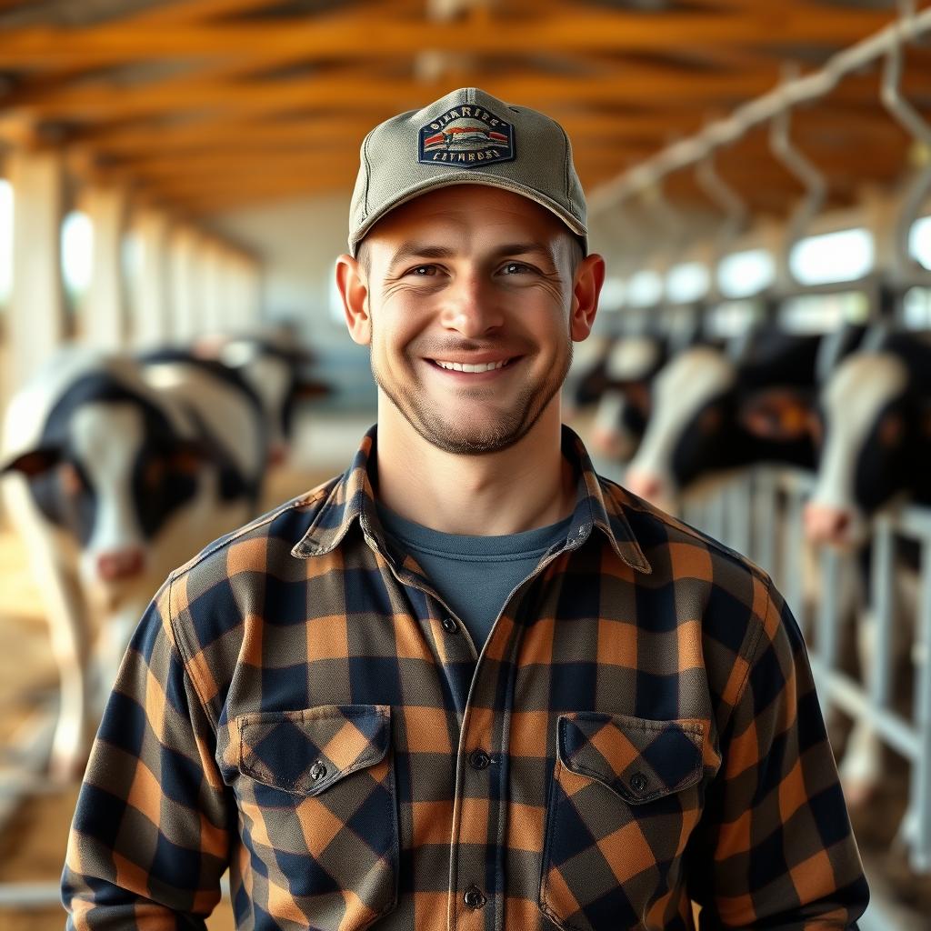 A dairy farmer in the milking parlor with the herd